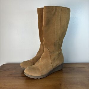 Lands' End Women's 8.5 Suede Knee High Winter Boots Tan Sherpa Lined Wedge